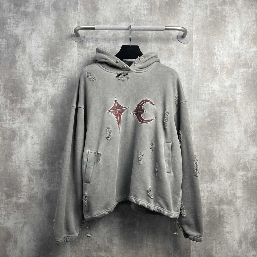 ❌sold❌Authentic Gray Distressed Hoodie with Red Accents